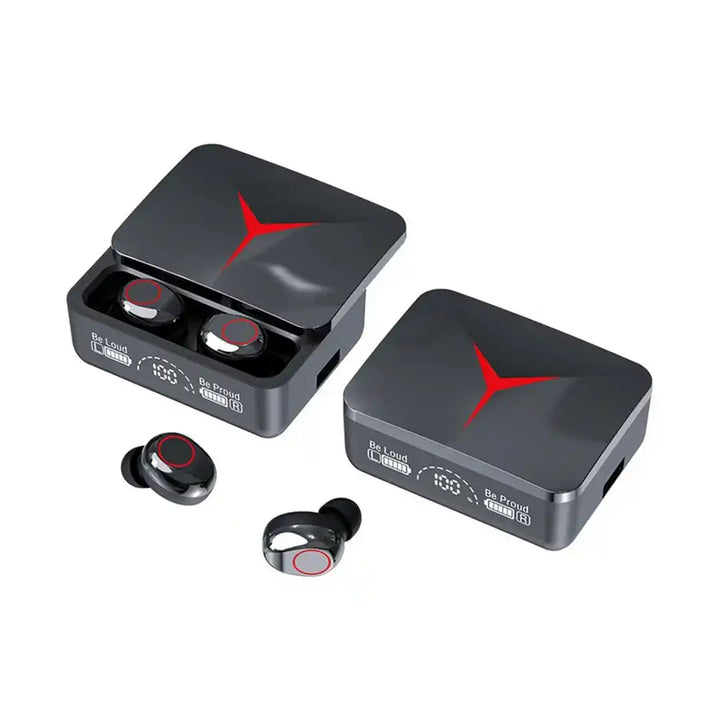 Wireless earbuds with charging case on a white background