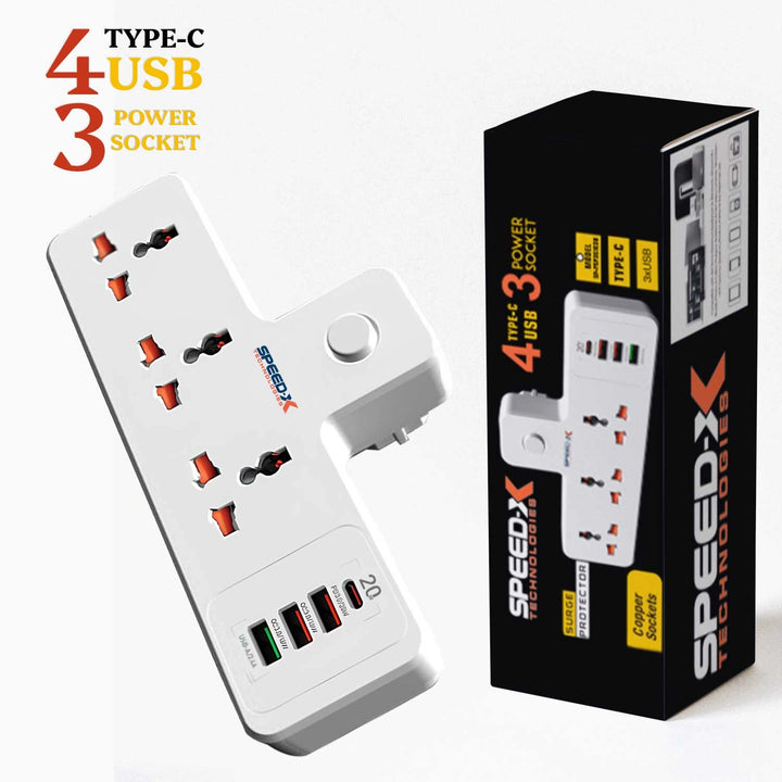 White power strip with multiple sockets and USB ports next to its packaging box on a white background