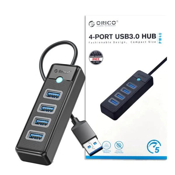 Orico 4-port USB3.0 hub with packaging on a white background