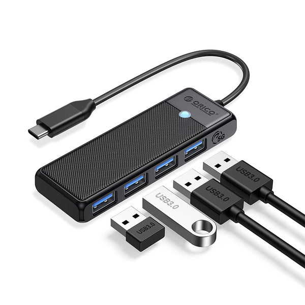 A black Orico Type-C to USB Hub 3.0 with 4 ports, including USB-C and USB 3.0 connectors.