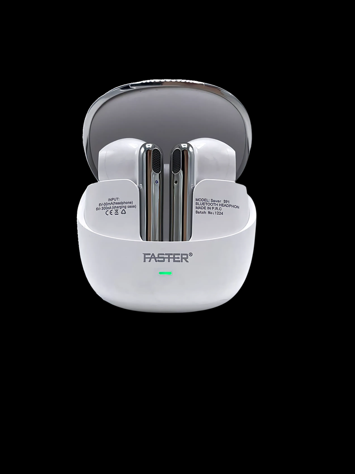 Wireless earbuds in a charging case with 'FASTER' branding on a black background