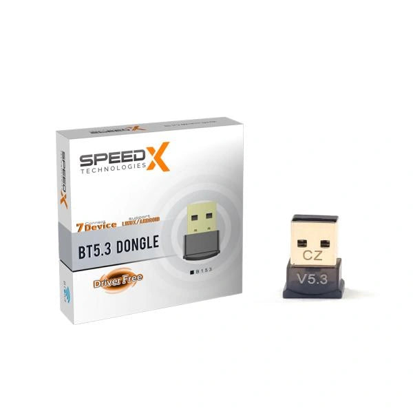 SpeedX Bluetooth dongle with packaging on a white background