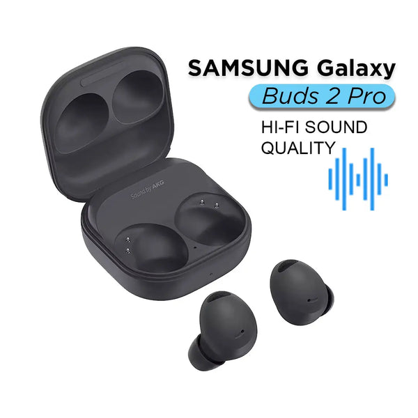 Samsung Galaxy Buds 2 Pro wireless earbuds with charging case on a white background