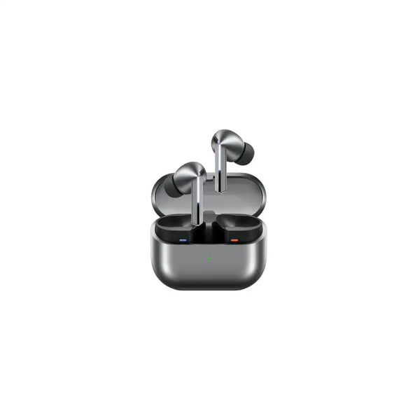 Samsung Galaxy Buds3 Pro earbuds with charging case and packaging on a white background