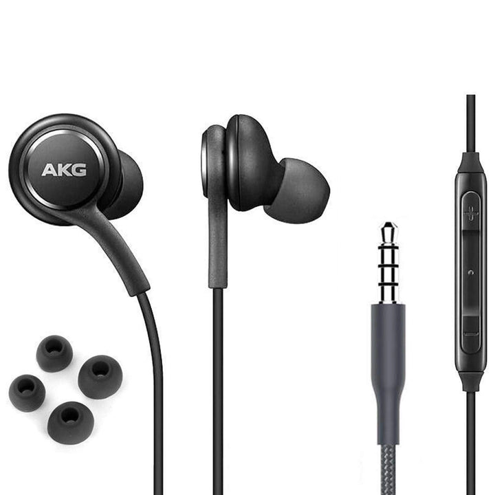 Black AKG earphones with microphone and controls on a white background