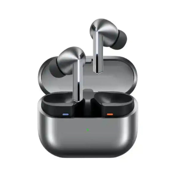 Samsung Galaxy Buds3 Pro earbuds with charging case and packaging on a white background