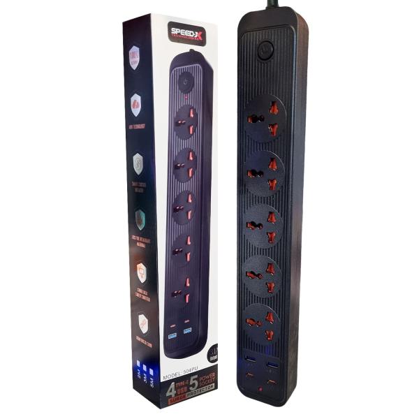 Speed-X 504PU Power Strip, 5 Sockets + 2 USB + 2 Type-C, 2m