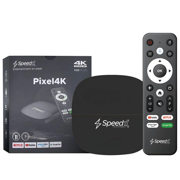 SpeedX Pixel4K device with remote control and packaging on a white background