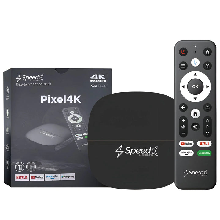 SpeedX Pixel4K device with remote control and packaging on a white background