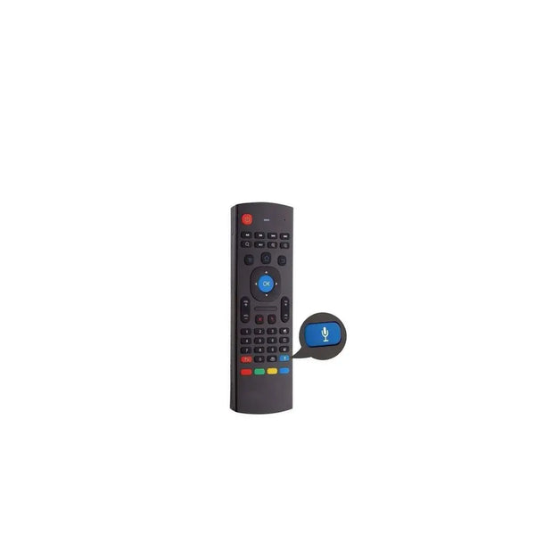 Black remote control with colorful buttons on a white background