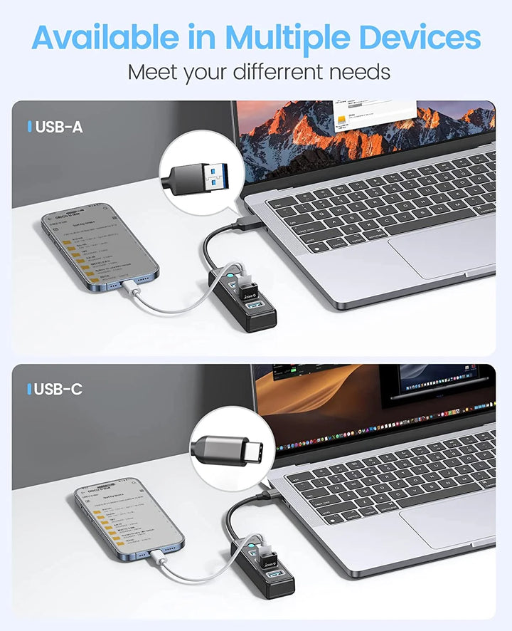 USB-A and USB-C adapters connected to a laptop with devices on a white surface.