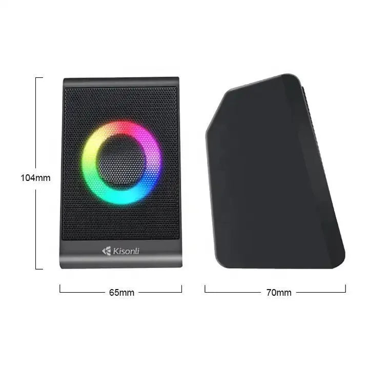 Black electronic device with RGB lighting and dimensions labeled, featuring the brand 'Kisonli'.
