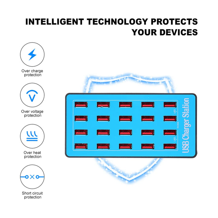 USB charger station with protection features on a white background