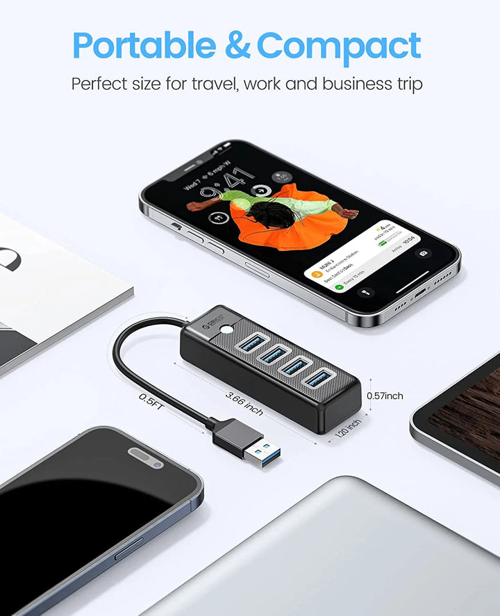 USB hub with smartphone and tablet on a white background