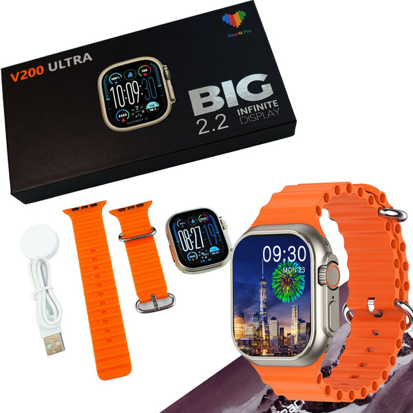 V200 New Fashion Ultra 2.2 Large Screen Ip68 Waterproof Sport Smart Watch With Wearfit Pro App Orange & Grey