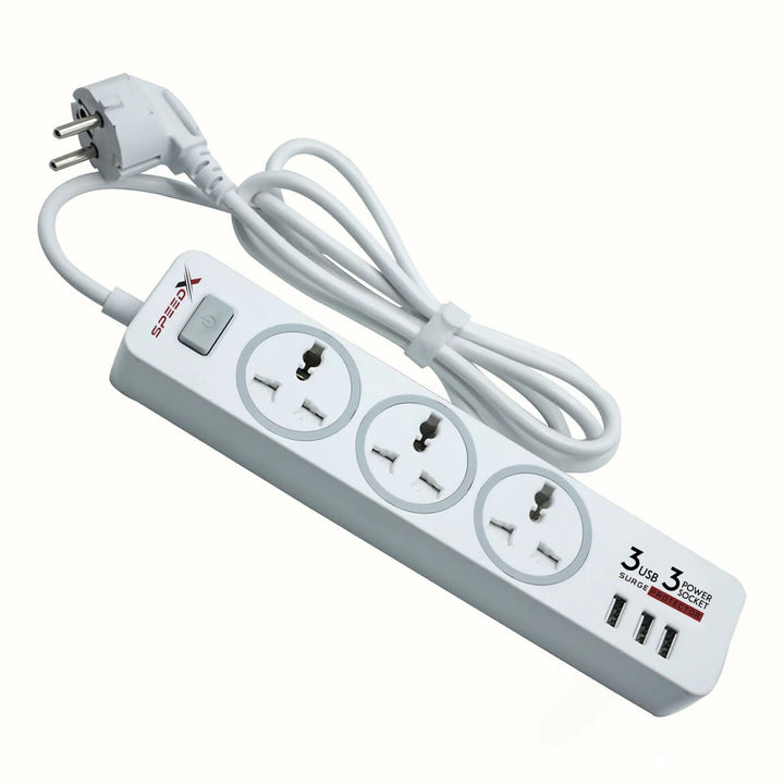 White power strip with multiple sockets and USB ports on a white background