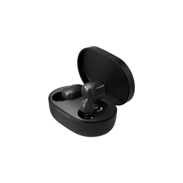 Black wireless earbuds with charging case on a white background