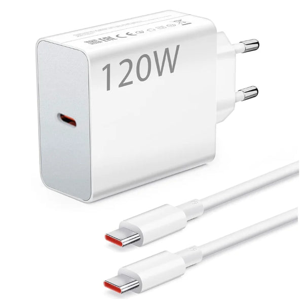 120W power adapter with two USB-C cables on a white background