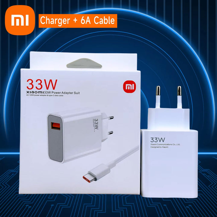 Xiaomi 33W power adapter set with packaging on a blue background