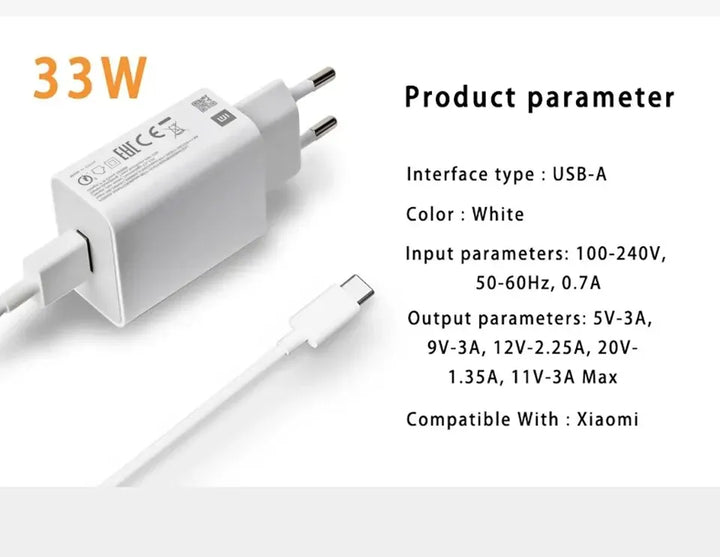 White USB-A charger with product parameters on a white background