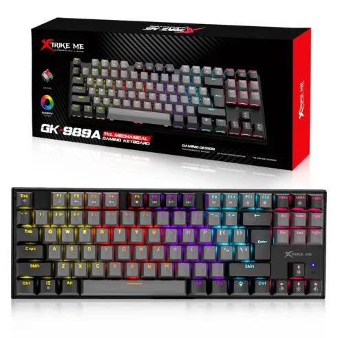 Mechanical gaming keyboard with Xtrike Me branding and packaging