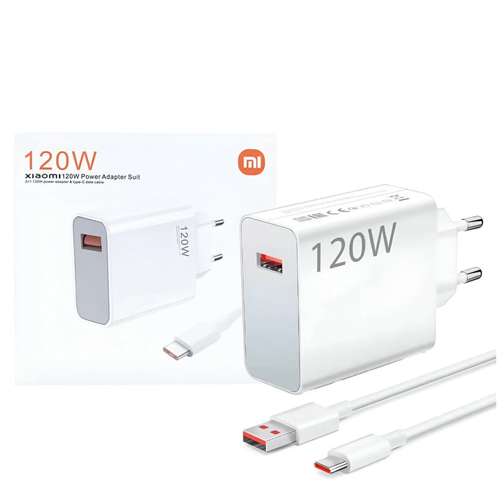 120W Xiaomi power adapter set with cable on a white background