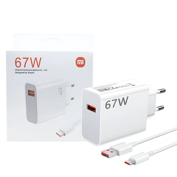 67W Xiaomi charging adapter with cable and packaging on a white background