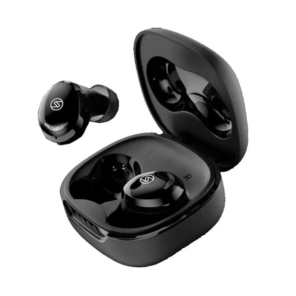 Black wireless earbuds with charging case on a white background