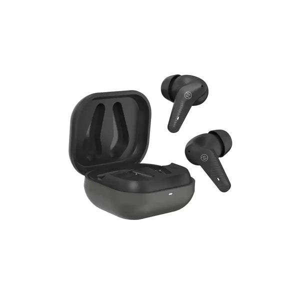 Black wireless earbuds with charging case on a white background