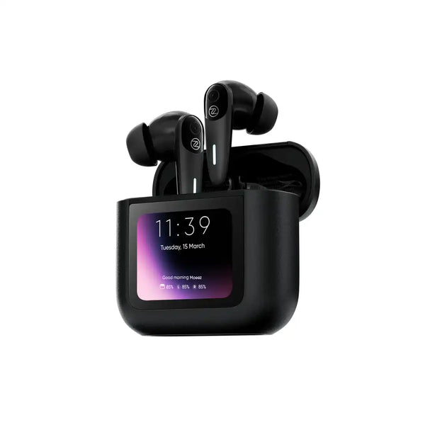 Black wireless earbuds with a digital display case on a white background