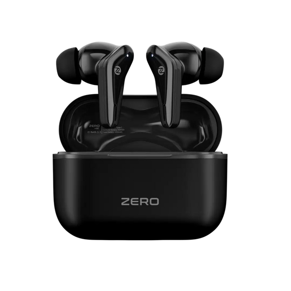 Black wireless earbuds in a charging case on a white background
