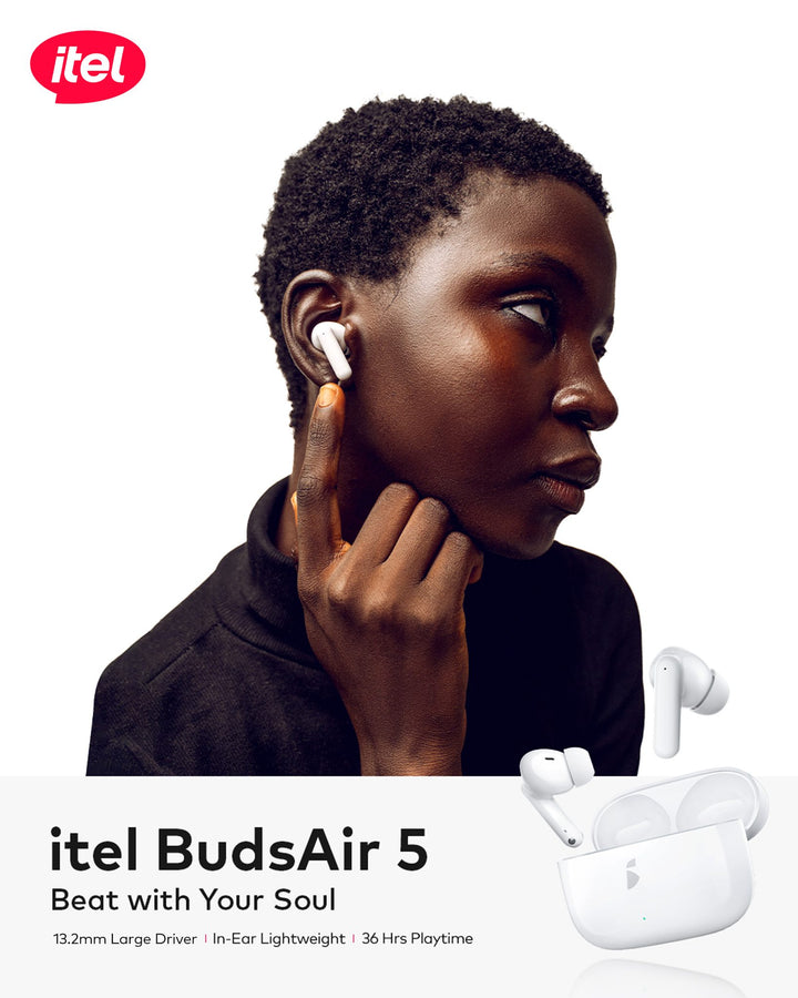 Person wearing itel BudsAir 5 earbuds with product details on a white background