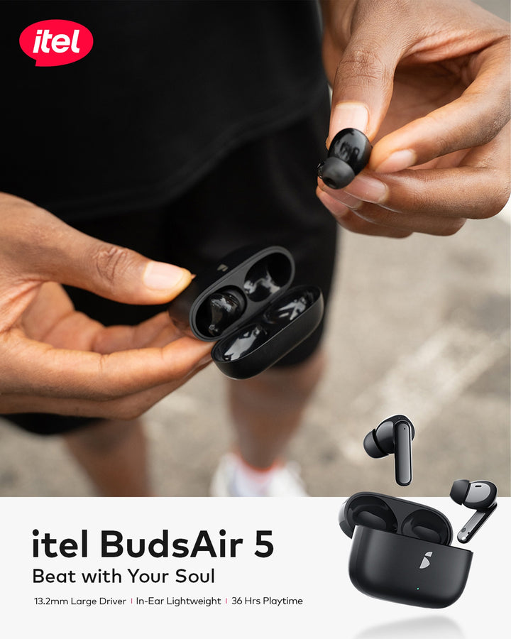 itel BudsAir 5 wireless earbuds with charging case held by hands against a blurred background