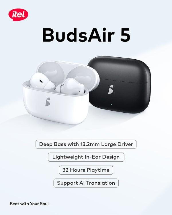 Itel BudsAir 5 wireless earbuds with charging case on a light gray background