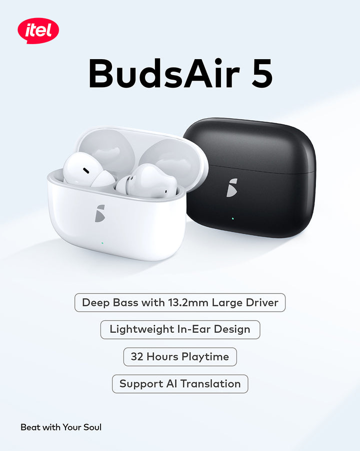 Itel BudsAir 5 wireless earbuds with charging case on a light gray background