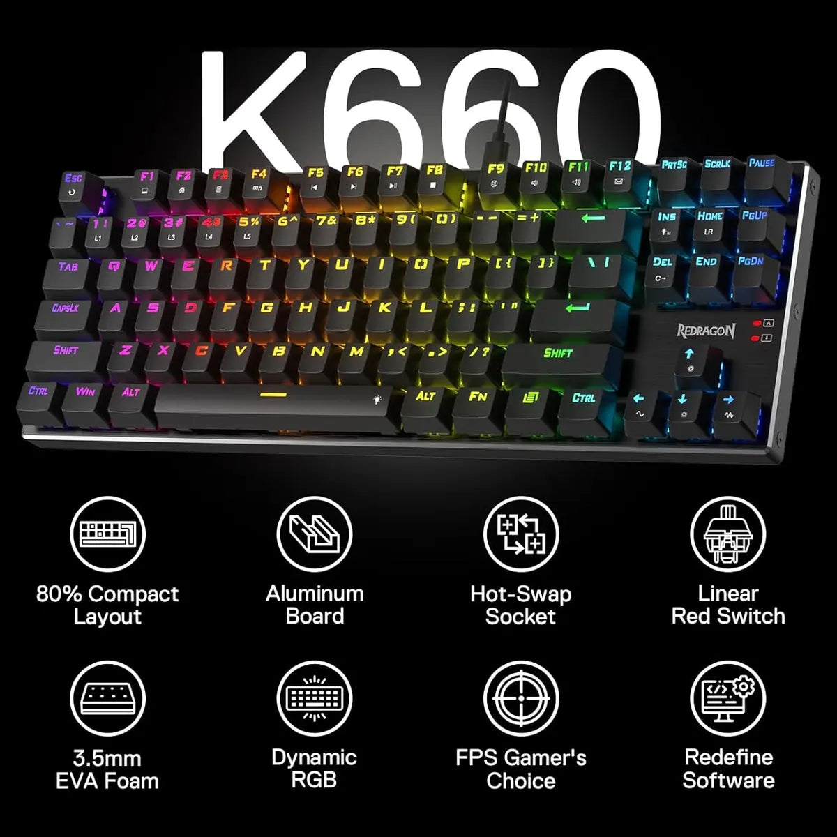Redragon DHARMA TKL K660 RGB Wired Mechanical Gaming Keyboard – Compact Tenkeyless Design & RGB Lighting