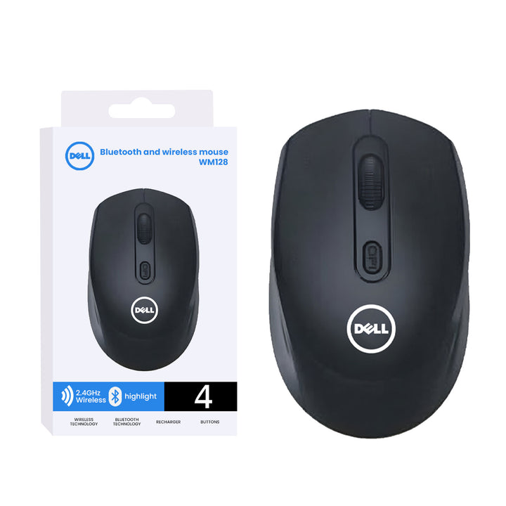 Black Dell wireless mouse with packaging on a white background