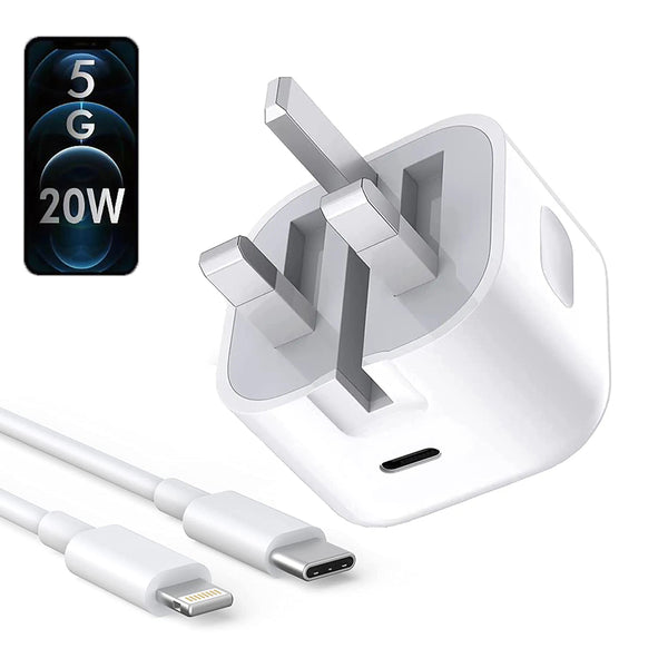 Iphone Usb-C Pd 20w Power Adapter Charger 3 Pin Uk Pin) With cable with white background