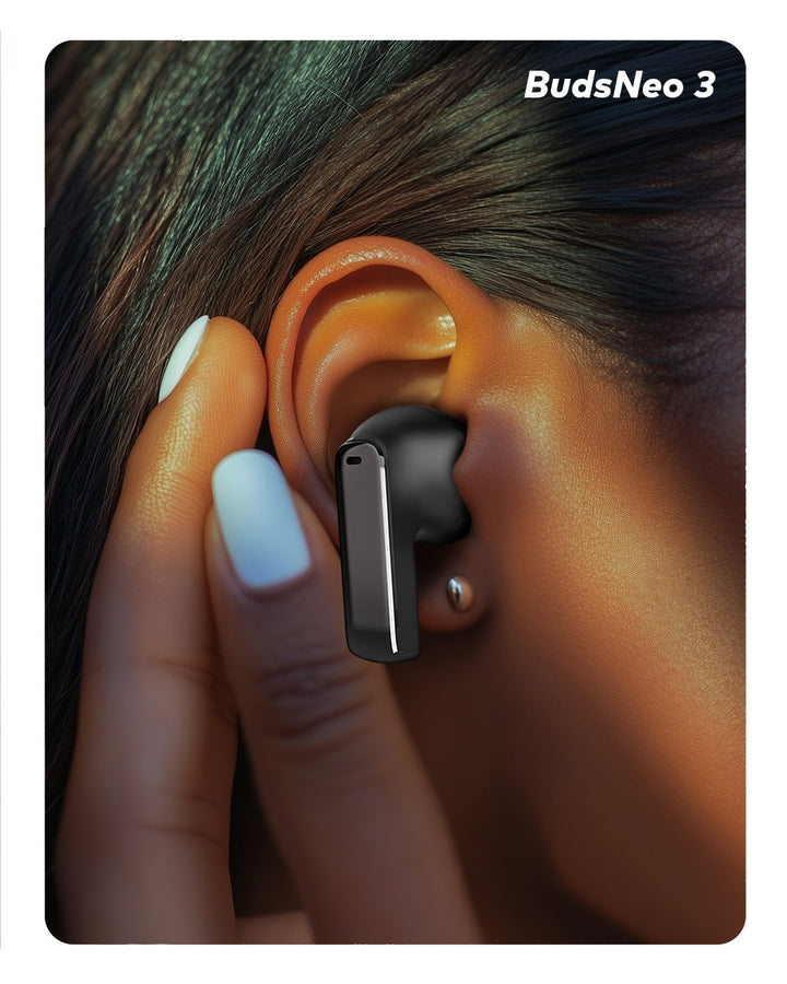BudsNeo 3 earbud being worn in a person's ear with a close-up view.