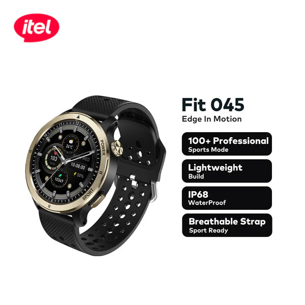 Itel Fit 045 smartwatch with features listed on a white background