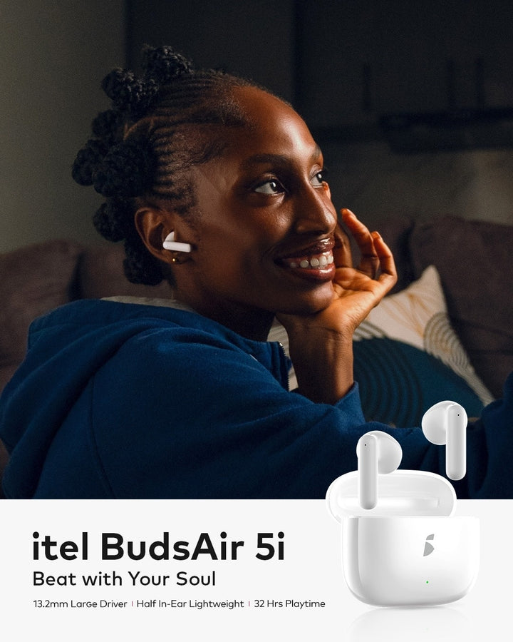 Woman wearing itel BudsAir 5i wireless earbuds with product display below.