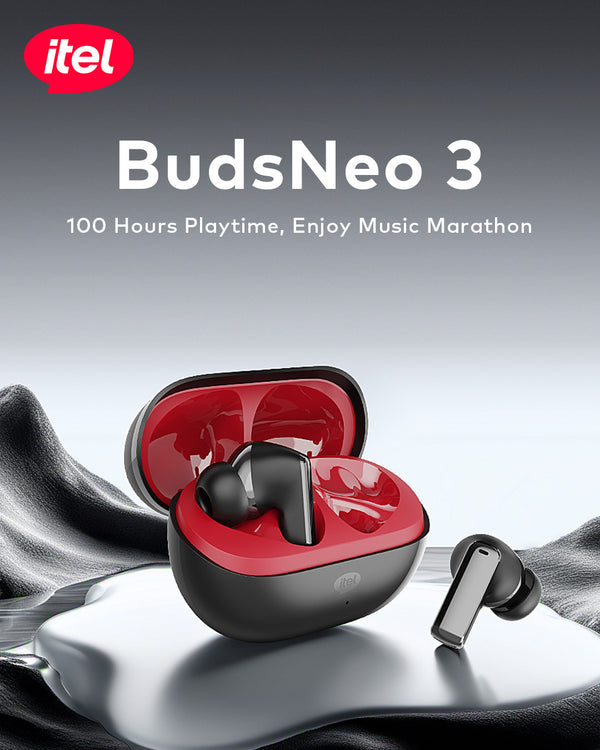 Itel BudsNeo 3 wireless earbuds with charging case on a gray background