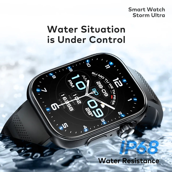 Smart watch with water resistance feature displayed on a water background