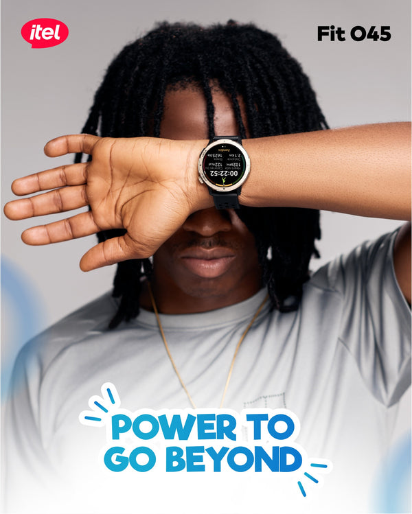 Person wearing a smartwatch with 'itel' branding, text 'Power to Go Beyond', and product name 'Fit O45'.
