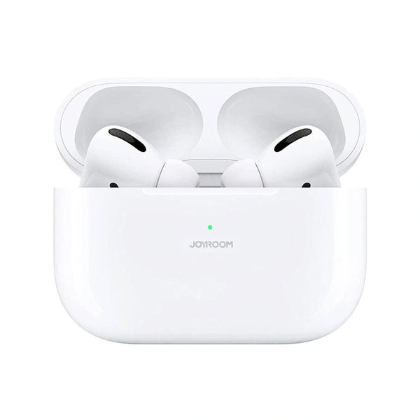 White wireless earbuds in a charging case on a white background with 'JOYROOM' branding.