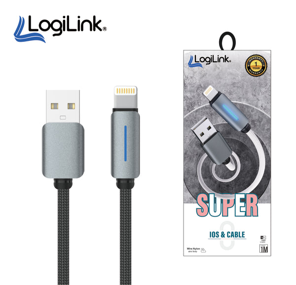 LOGILINK USB TO LIGHTNING NYLON FAST CHARGING DATA CABLE WITH LIGHT 1M (1 YEAR WARRANTY) GREY