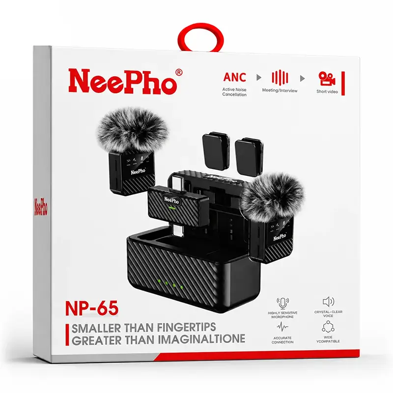 NeePho NP-65 Wireless Lavalier Microphone Kit – Dual Mic, ANC Noise Cancellation & Type-C/Lightning Support