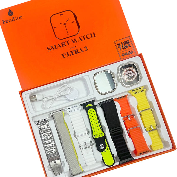 S100 Fendior Smart Watch Ultra 2 With 7 Straps 49mm With Silicon Watch Protector Case With Fitpro App Black &Silver