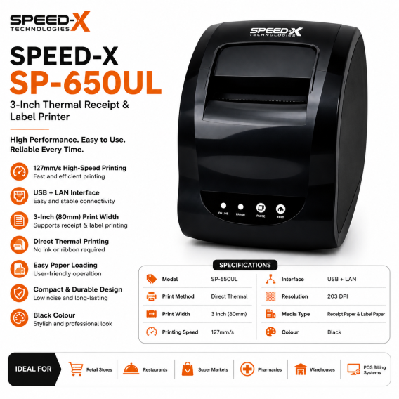 Speed-x SP-650UL 3 Inch Thermal Receipt And Label Printer With Usb+lan Interfac,127mm/s Printing Speed Black Colour Speed-x SP-650UL 3 Inch Thermal Receipt And Label Printer With Usb+lan Interfac,127mm/s Printing Speed Black Colour