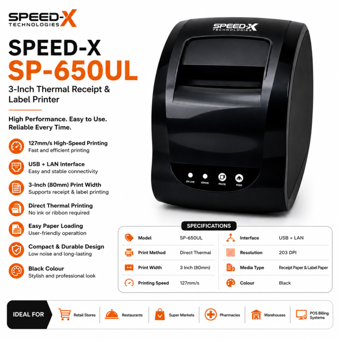 Speed-x SP-650UL 3 Inch Thermal Receipt And Label Printer With Usb+lan Interfac,127mm/s Printing Speed Black Colour